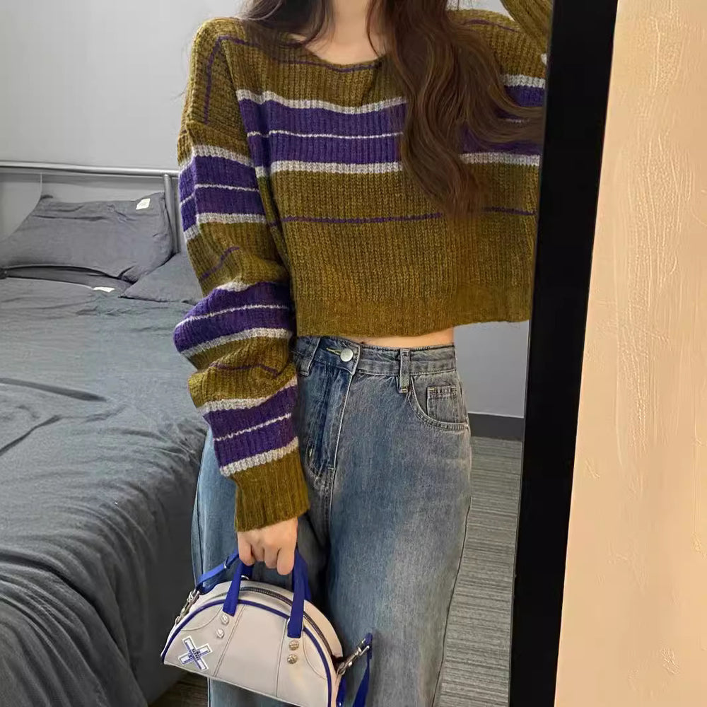 Damen kurz geschnittener Strickpullover mit horizontalem Streifenmuster R&B