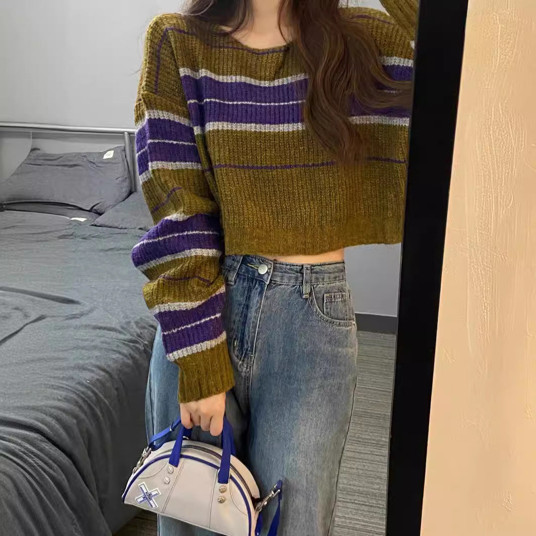 Damen kurz geschnittener Strickpullover mit horizontalem Streifenmuster R&B