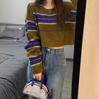 Damen kurz geschnittener Strickpullover mit horizontalem Streifenmuster R&B