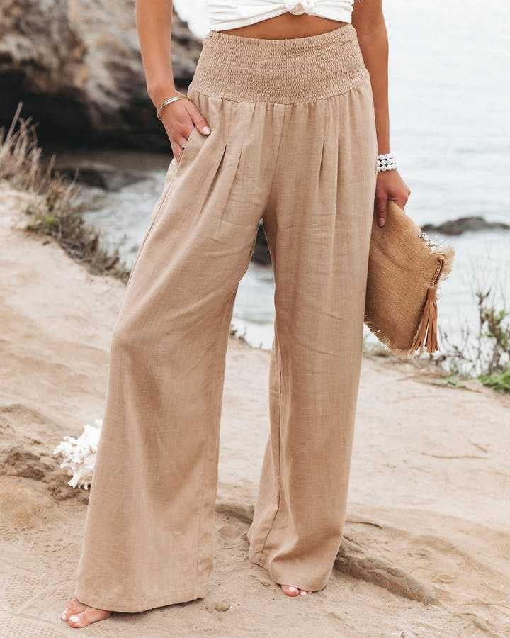 Damen Weite Leinenhose mit elastischem Bund und Falten R&B