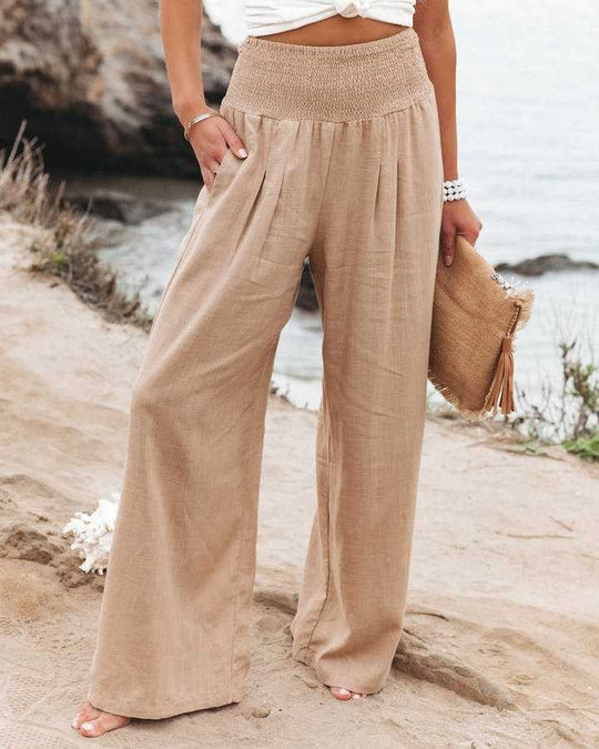 Damen Weite Leinenhose mit elastischem Bund und Falten R&B