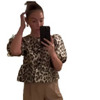 Damen Leoprint Kurzarmbluse mit verspielten Rüschen R&B