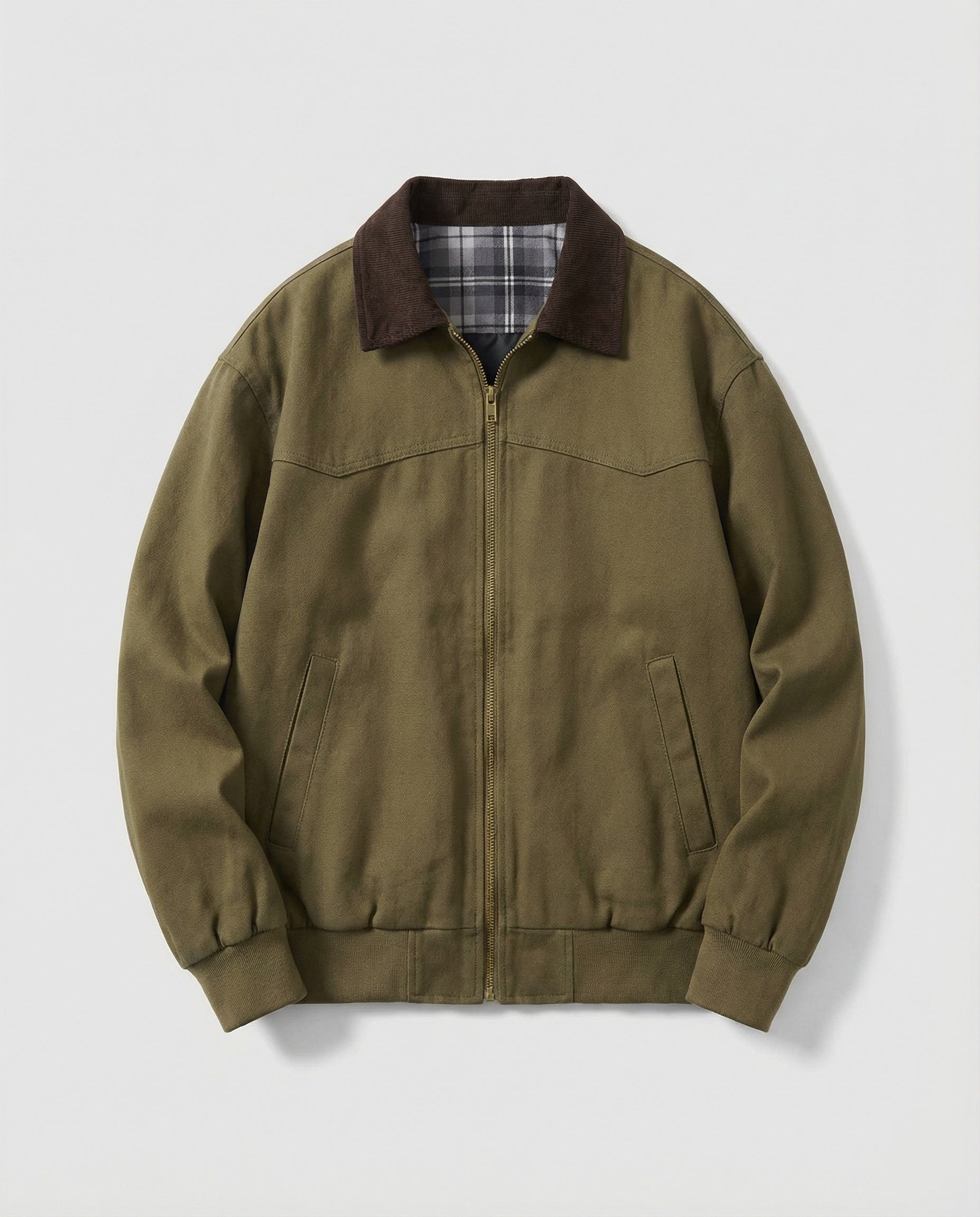 Herren robuster Canvas-Blouson mit Cordkragen und kariertem Steppfutter R&B