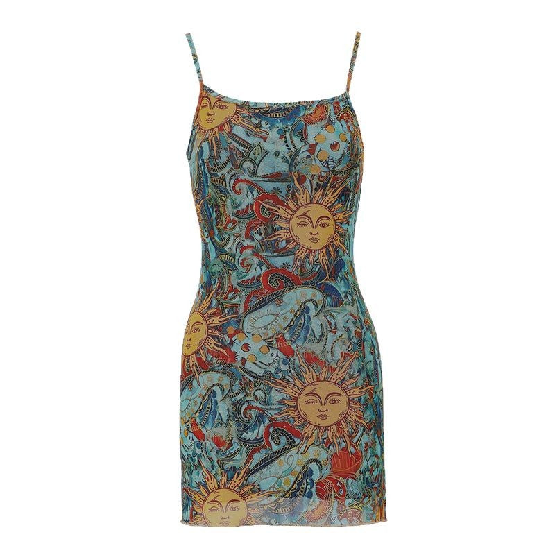 Damen Minikleid mit schickem Sonnen-Design und Spaghettiträgern R&B