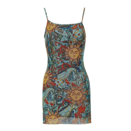 Damen Minikleid mit schickem Sonnen-Design und Spaghettiträgern R&B