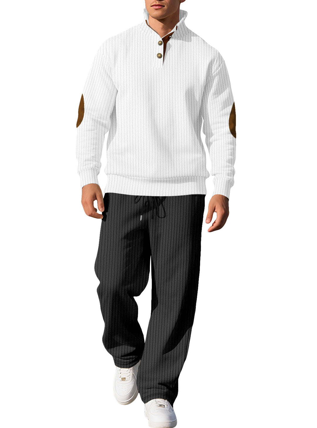 Herren nan feiner Rippstrickpullover mit halber Knopfleiste hohem Stehkragen und kontrastierendem Suedine-Ellbogenbesatz R&B