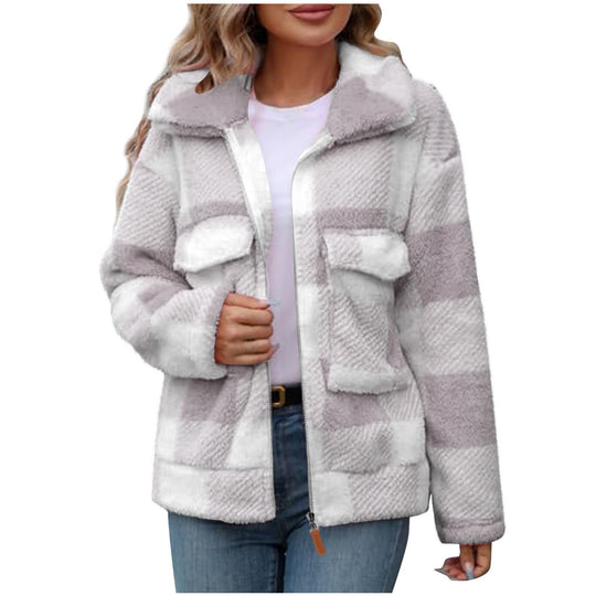 Damen Fleece-Jacke mit Karomuster und praktischen Taschen R&B