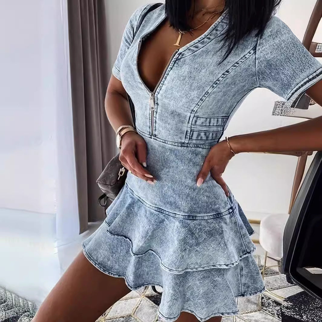 Damen Jeanskleid mit Rüschendetails und Reißverschluss R&B