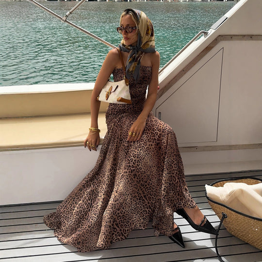 Damen elegantes Wickelkleid mit Leopardenmuster und voluminösem Saum R&B