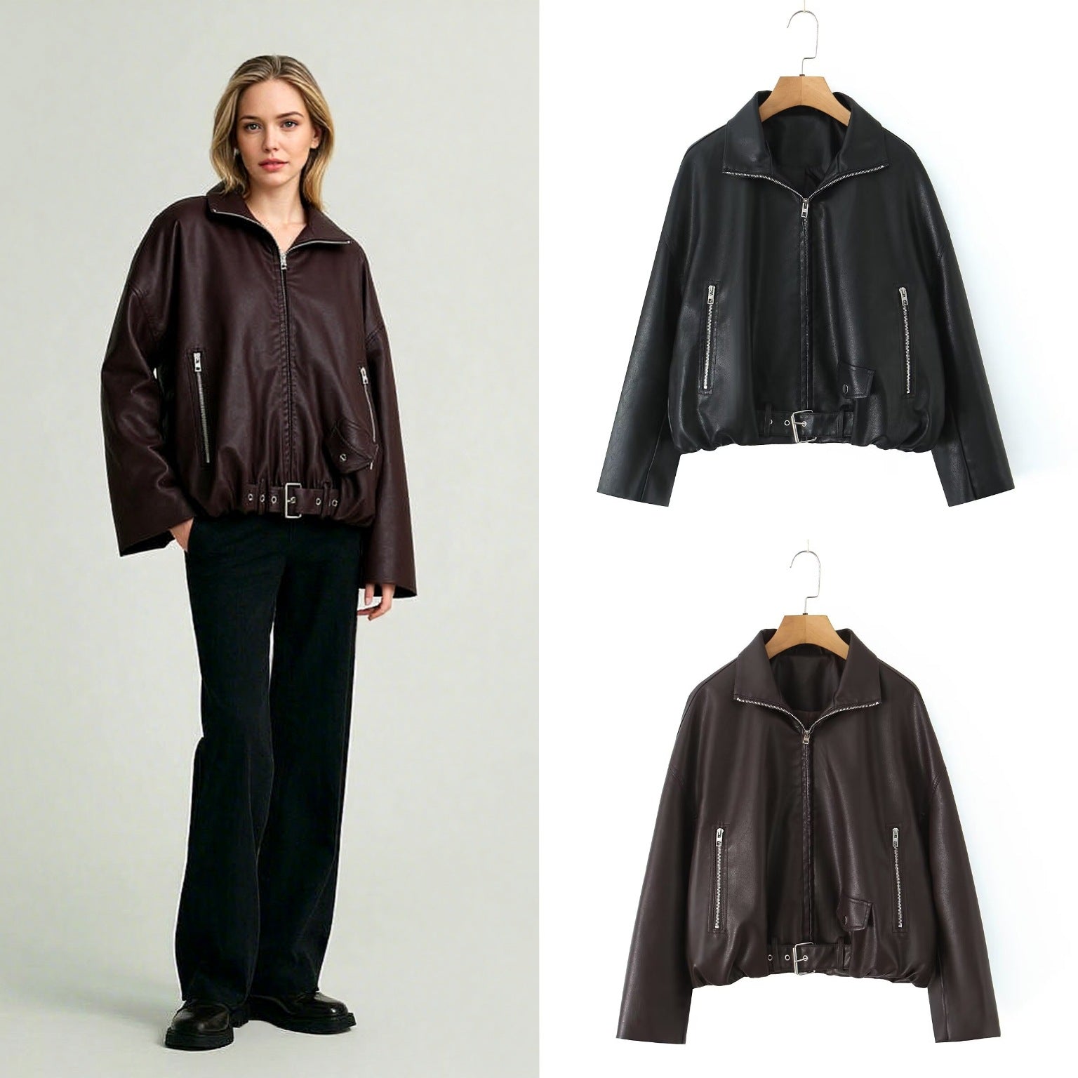 Damen Kunstlederjacke mit taillierbarem Gürtel und seitlichen Reißverschlusstaschen R&B