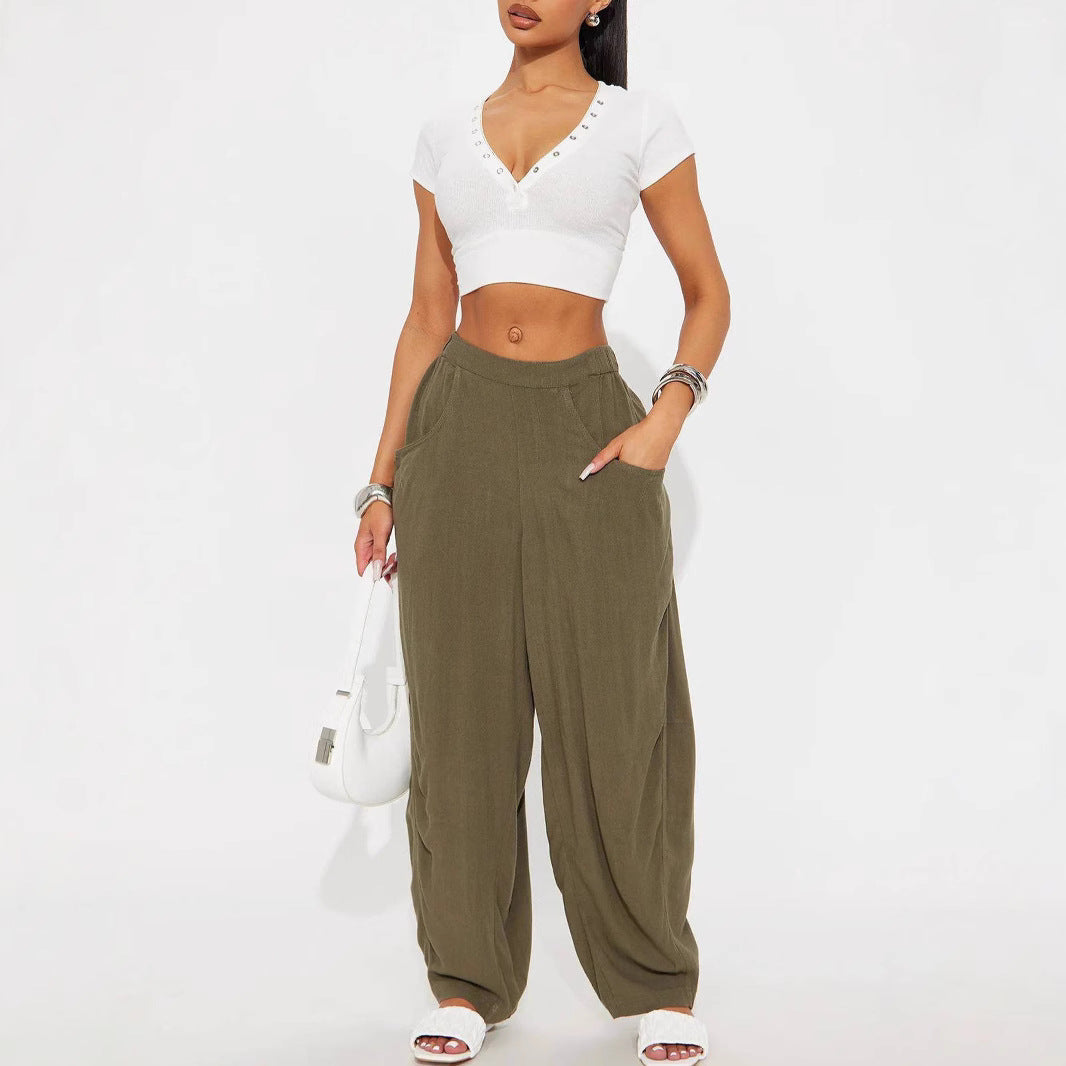 Damen Lässige Weite Stoffhosen mit praktischen Taschen