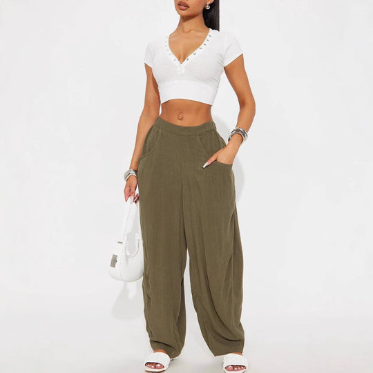 Damen Lässige Weite Stoffhosen mit praktischen Taschen R&B