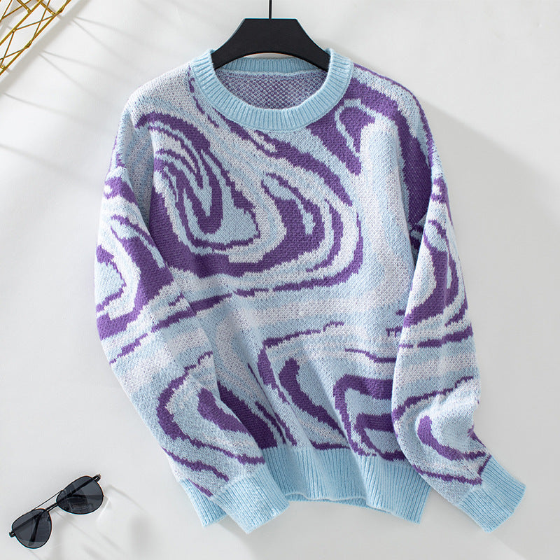 Damen gemusterter Strickpullover mit modernem Wellenmuster und Rundhalsausschnitt R&B