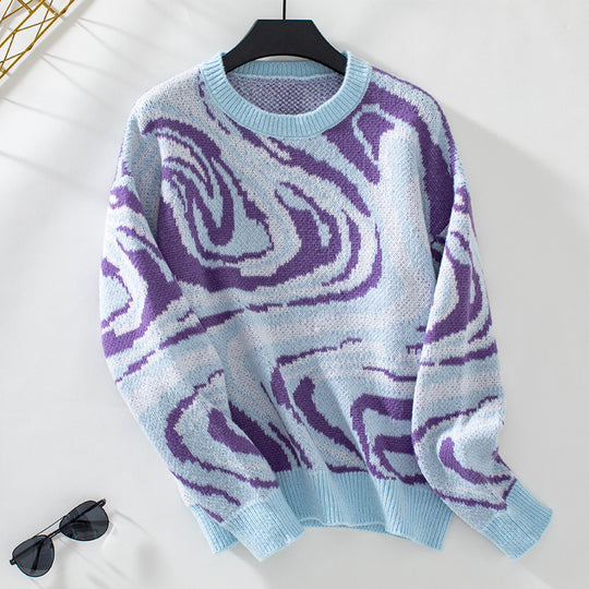 Damen gemusterter Strickpullover mit modernem Wellenmuster und Rundhalsausschnitt R&B