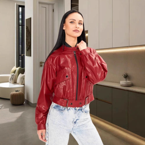 Damen klassische Kunstlederjacke im modischen Oversized-Schnitt R&B