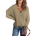 Damen Lässiger Strickpullover mit V-Ausschnitt und fransigem Saum R&B