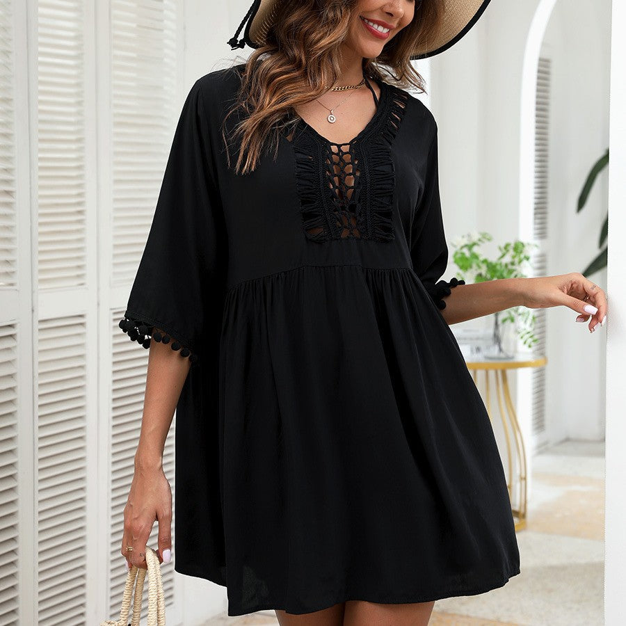 Damen Strandkleid mit verspieltem Häkelbesatz und umschmeichelndem Schnitt R&B