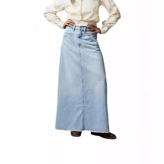 Damen Langer Denim-Rock mit hohem Bund und praktischen Taschen R&B