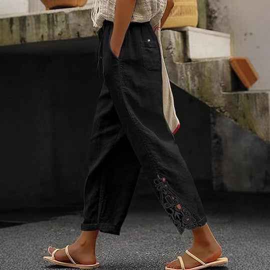 Damen luftige Leinenhose mit dekorativen Stickereien R&B