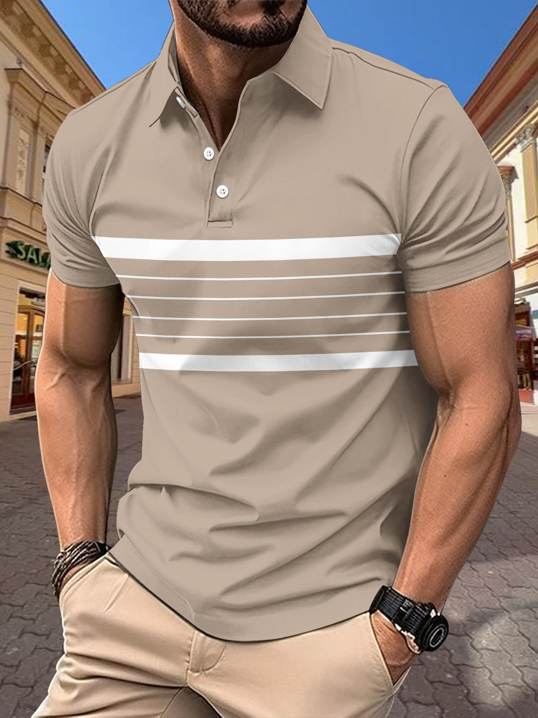 Herren Polohemd mit sportlichem Streifenmuster und klassischem Kragen R&B