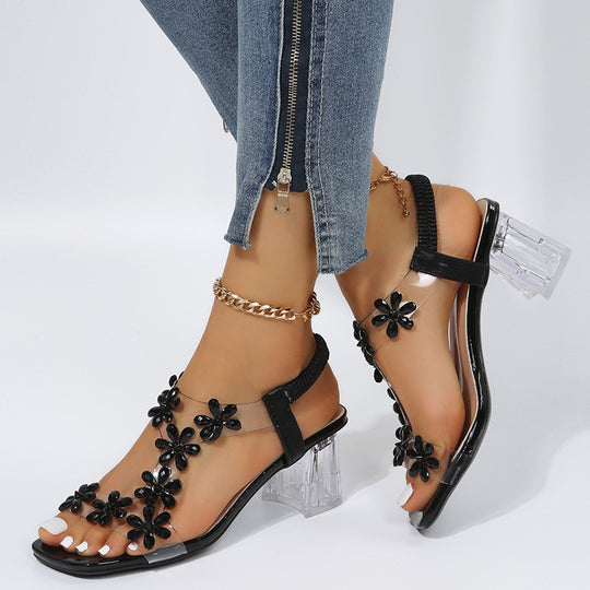 Damen modische Sandalen mit transparentem Riemen und Blumenapplikationen R&B