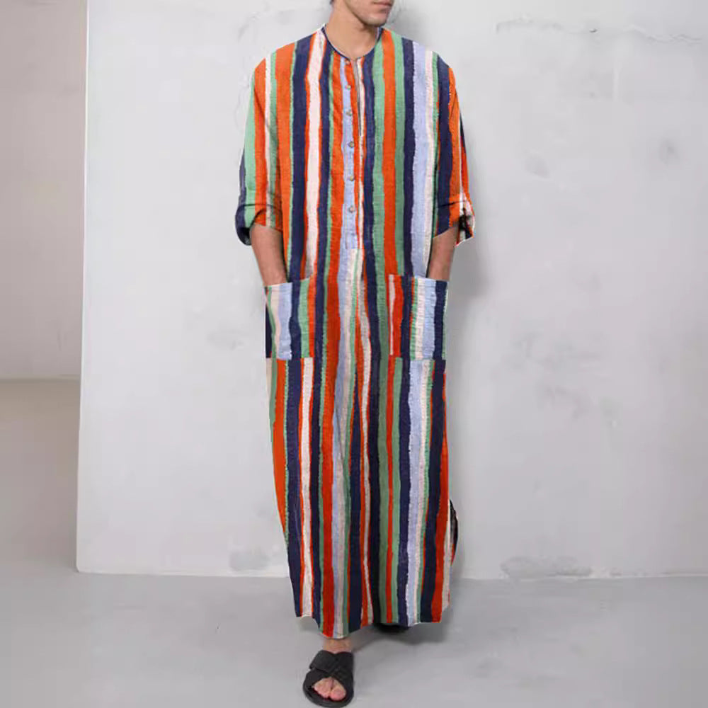 Herren nan lockerer Kaftan aus Leinenmischung mit Knopfleiste und aufgesetzten Taschen R&B