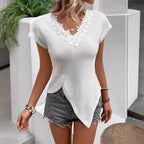 Damen V-Ausschnitt T-Shirt mit Blumenapplikation und asymmetrischem Schnitt R&B