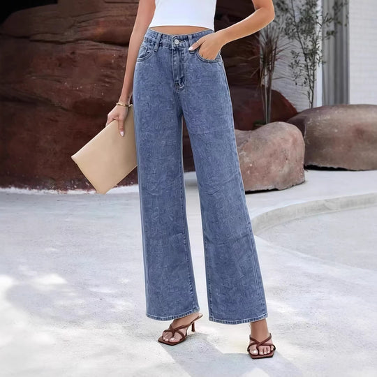 Damen Weite High-Waist Jeans mit klassischem Schnitt und ausgefransten Säumen R&B