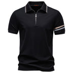 Herren nan atmungsaktives elastisches Poloshirt mit kurzem Reißverschluss und Kontraststreifen an Ärmeln R&B