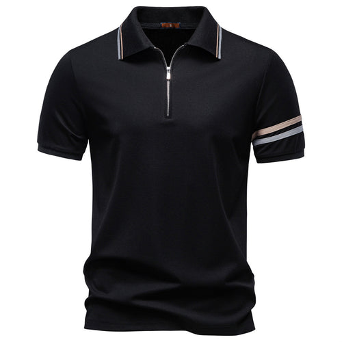 Herren nan atmungsaktives elastisches Poloshirt mit kurzem Reißverschluss und Kontraststreifen an Ärmeln R&B