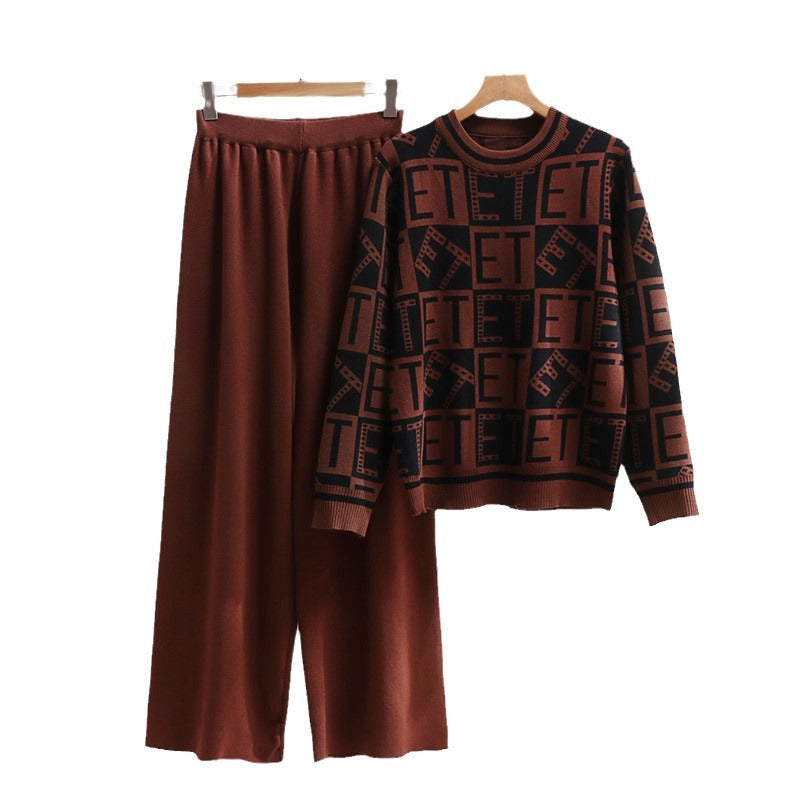 Damen lässiges Strick-Loungewear-Set mit grafischem Muster und weitem Schnitt R&B
