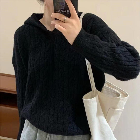 Damen Kuscheliger Strickpullover mit Kapuze und Kabelmuster R&B
