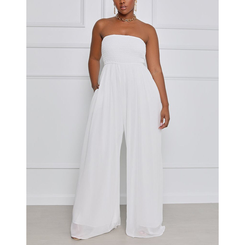 Damen eleganter Jumpsuit mit schulterfreiem Design und elastischem Oberteil R&B