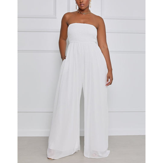 Damen eleganter Jumpsuit mit schulterfreiem Design und elastischem Oberteil R&B