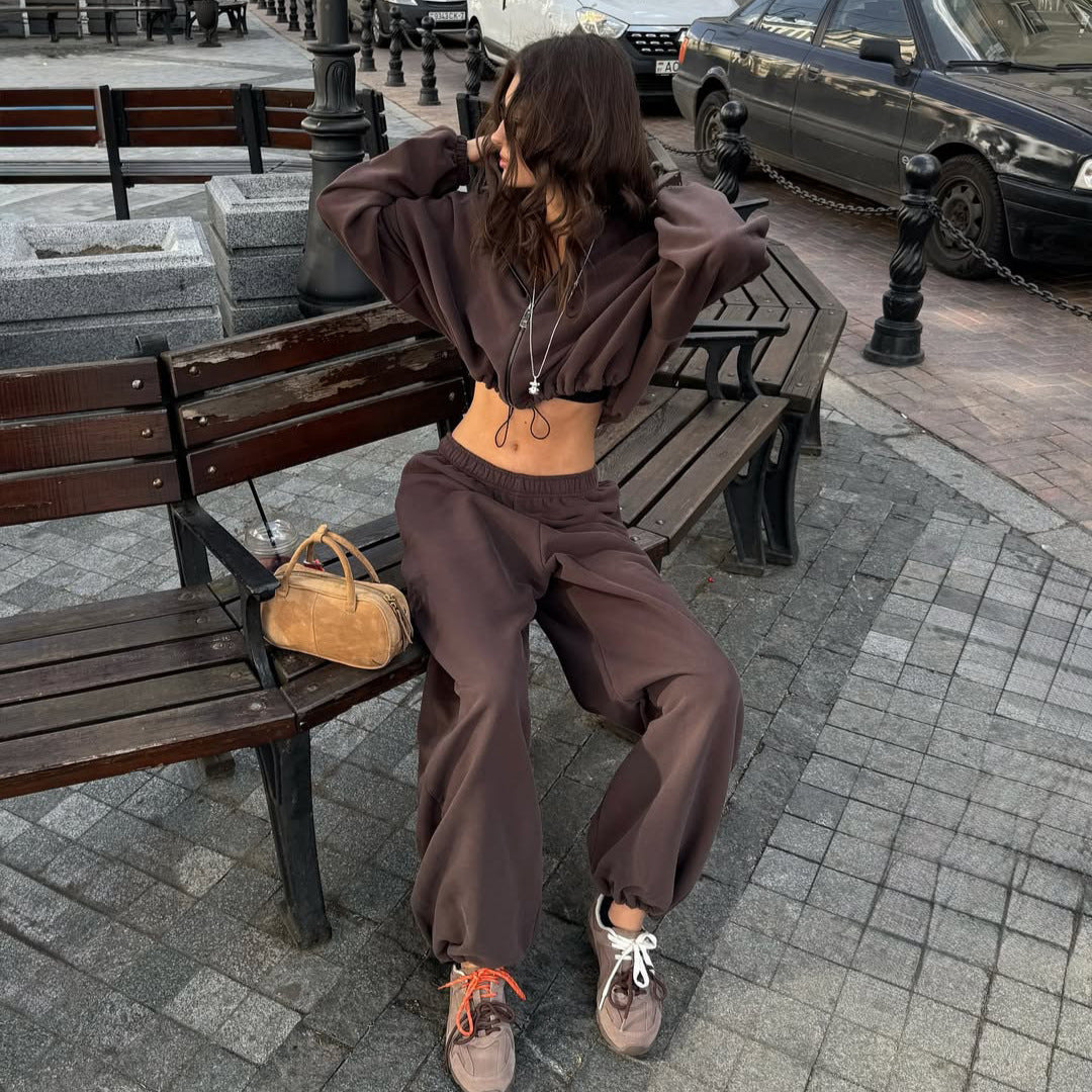 Damen lässiges Fleece-Loungewear-Set mit Kapuze und elastischem Bund R&B