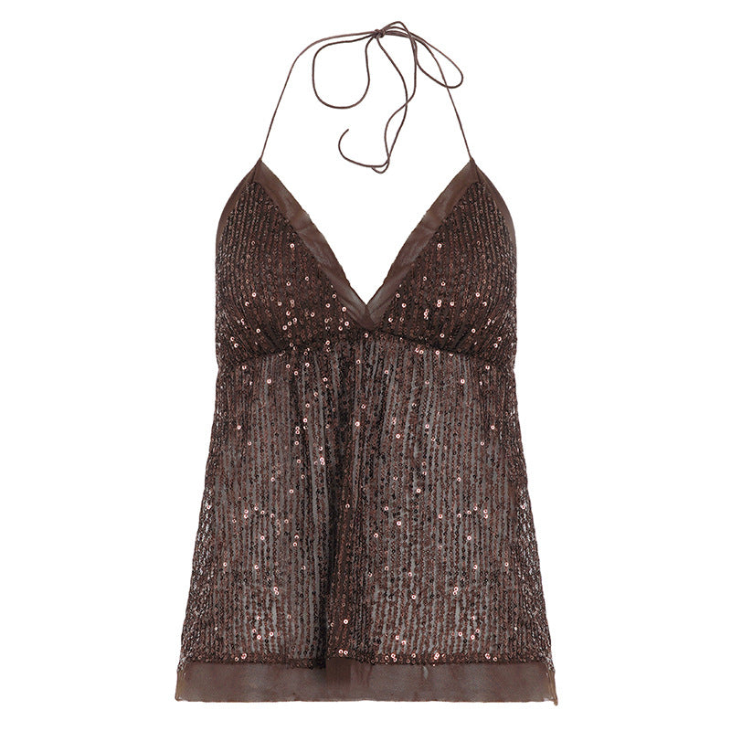 Damen schickes Top mit funkelnden Pailletten und verstellbarem Träger R&B