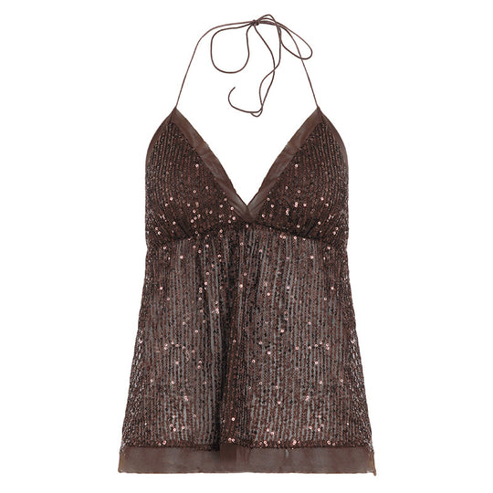 Damen schickes Top mit funkelnden Pailletten und verstellbarem Träger R&B