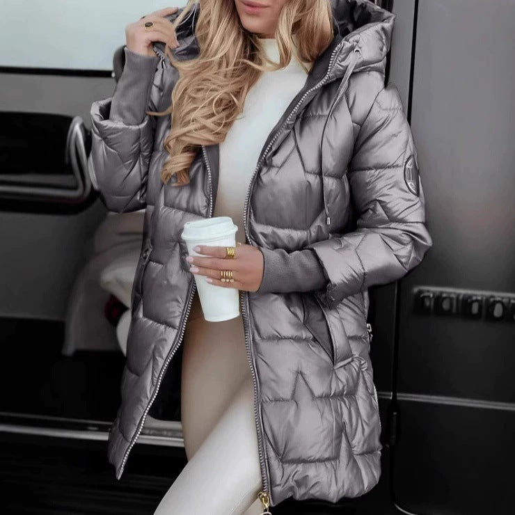 Damen lange, gefütterte Winterjacke mit Kapuze R&B