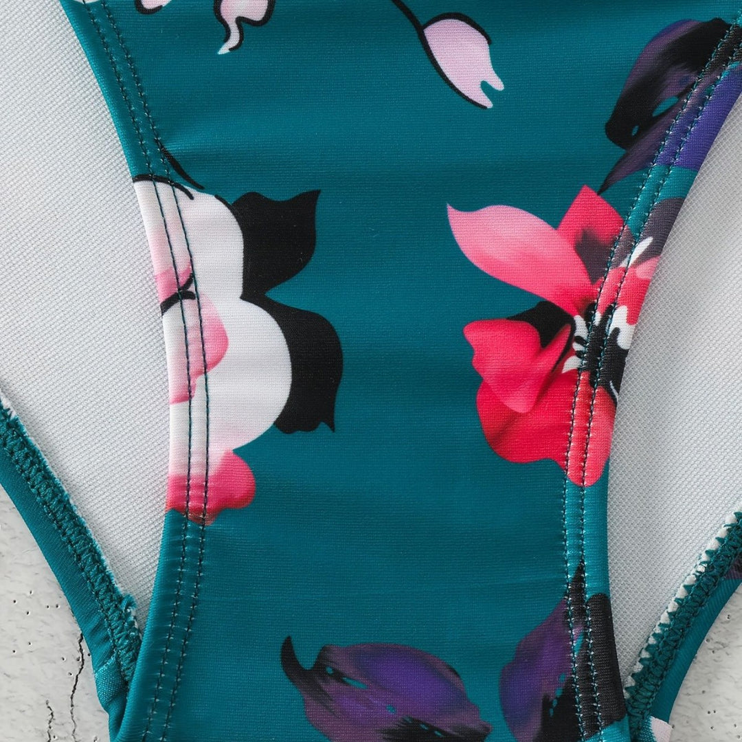 Damen Einteiliger Badeanzug mit modischem floralem Design und schickem Schwarz R&B