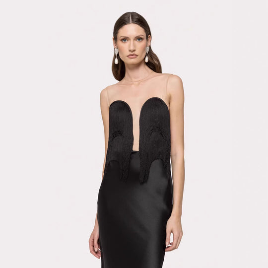 Damen Langärmliges Maxikleid mit tiefem V-Ausschnitt und fransierten Details R&B