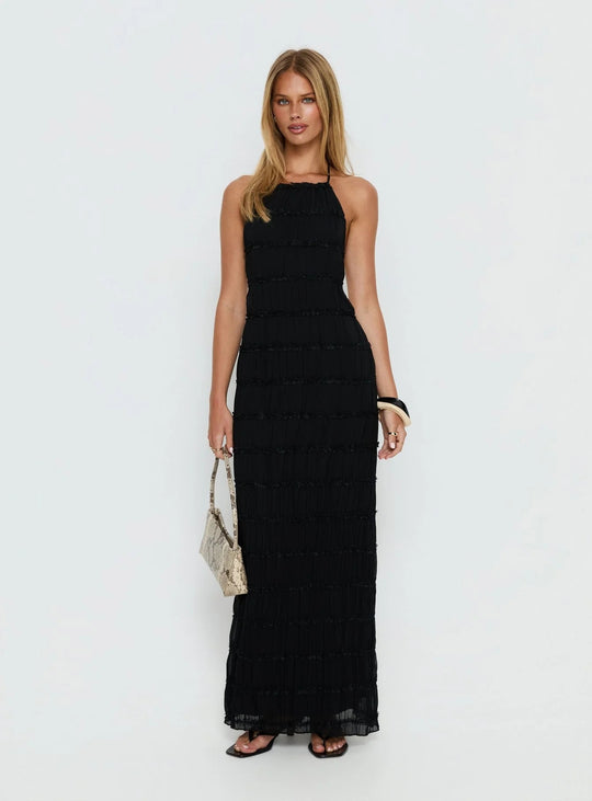 Damen Maxikleid mit schulterfreiem Design und fließenden Rüschen R&B