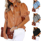Damen lässige Denim-Bluse mit ballonärmel und praktischer Brusttasche