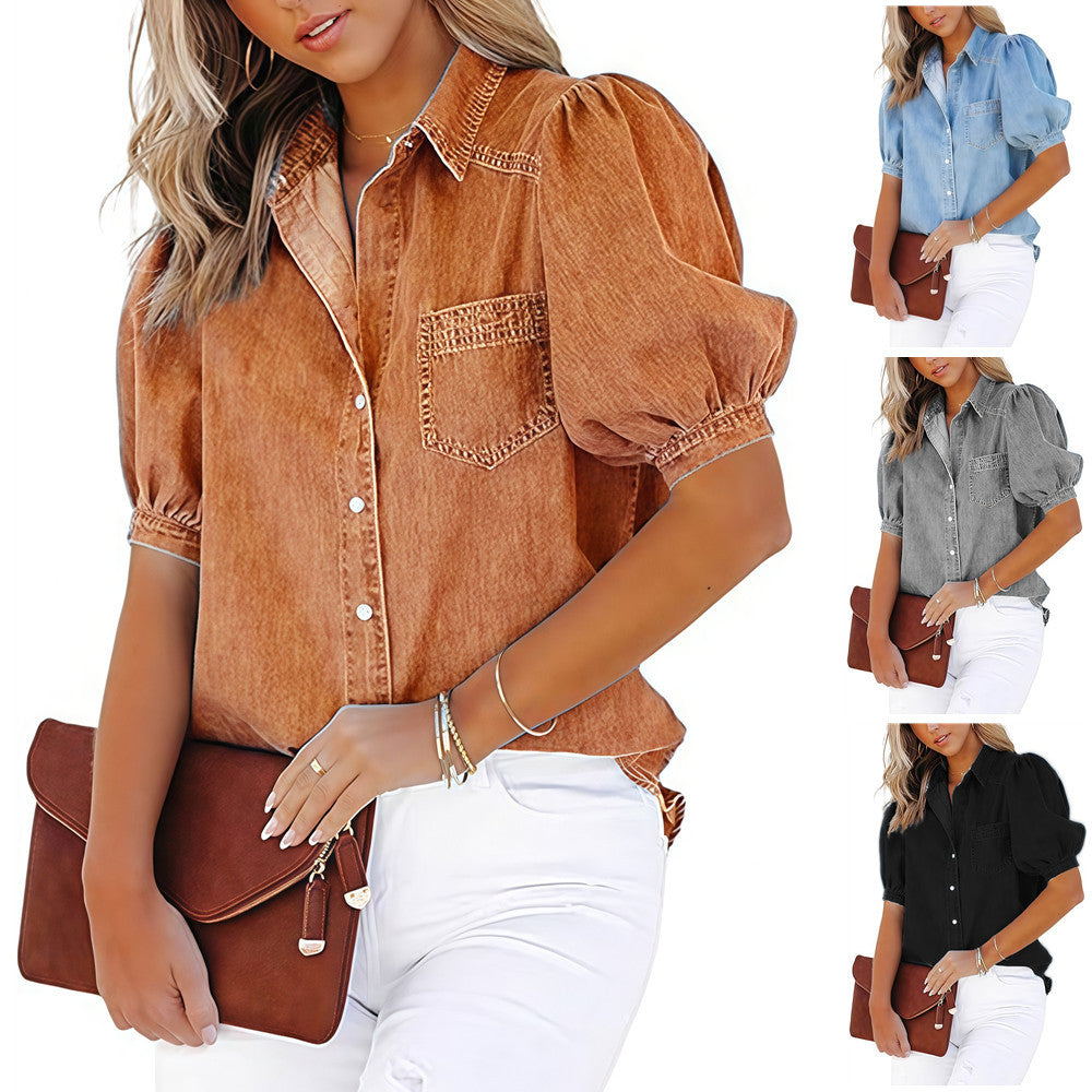 Damen lässige Denim-Bluse mit ballonärmel und praktischer Brusttasche