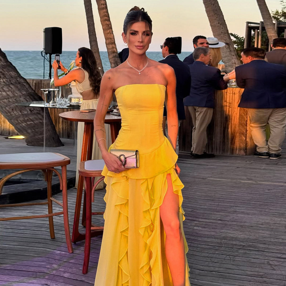 Damen fließendes Maxikleid mit Rüschen und Volant R&B