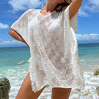 Damen luftiger Häkel-Strandüberwurf mit modernem Netzdesign R&B
