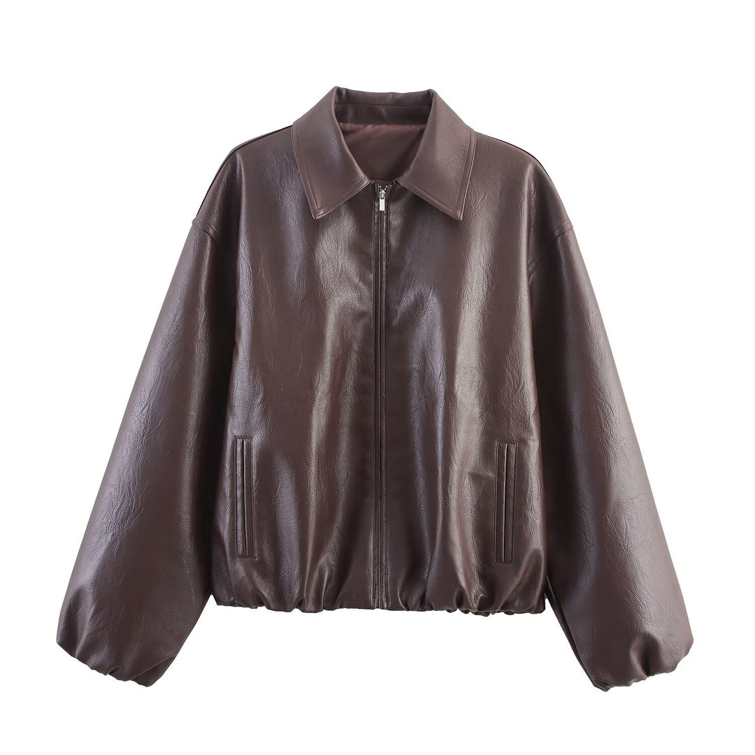 Damen modische Kunstlederjacke mit hohem Kragen und elastischer Taille R&B