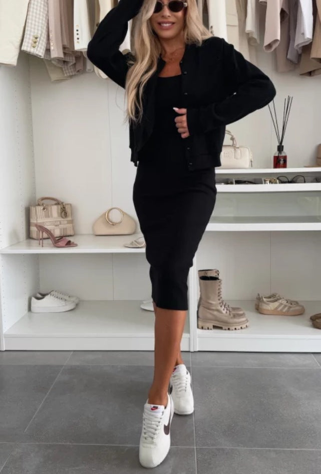 Damen Midi-Kleid mit elegantem Tailleneinsatz und lässiger Cardigan-Jacke R&B