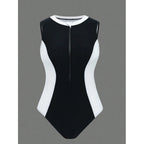 Damen Sportlicher One-Piece Badeanzug mit Reißverschluss und Farbakzenten R&B
