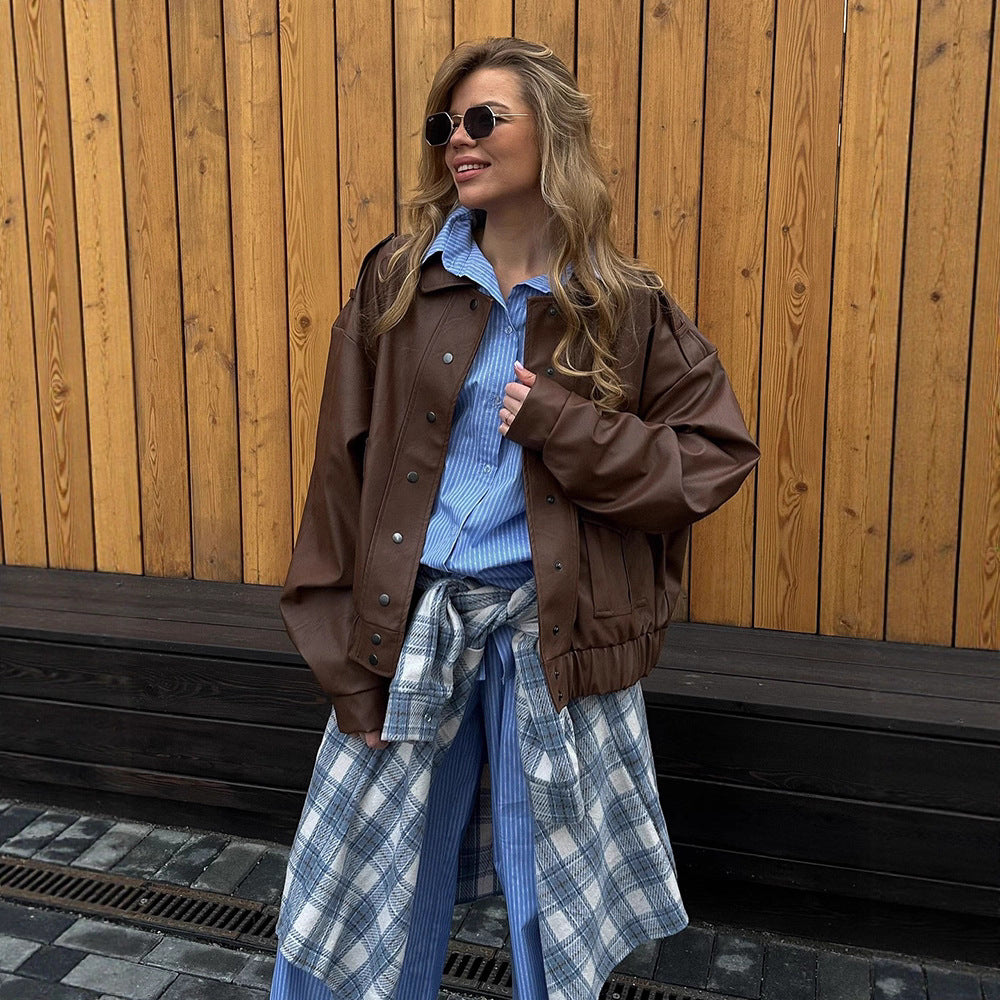 Damen Oversized Kunstlederjacke mit modischem Schnitt und eleganten Details R&B