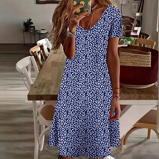 Damen V-Ausschnitt Freizeitkleid mit Blättermuster R&B